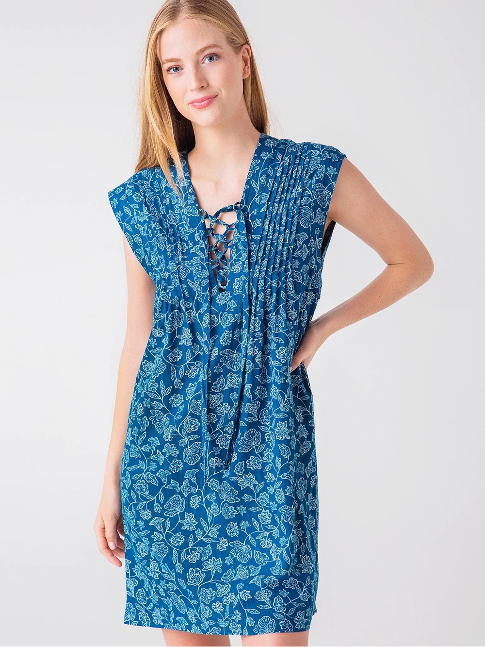 Faherty Blue Floral Lace-Up Shift Dress